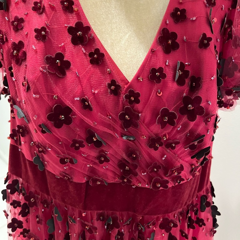 Mac Duggal Deep Berry Midi Dress with Burgundy Floral Appliqués - Picture 7 of 10